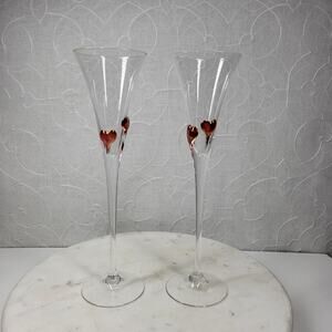 Heart Champagne Flutes 11.5" Red Bohemia Blown‎ Glass Wedding Toast Set of 2